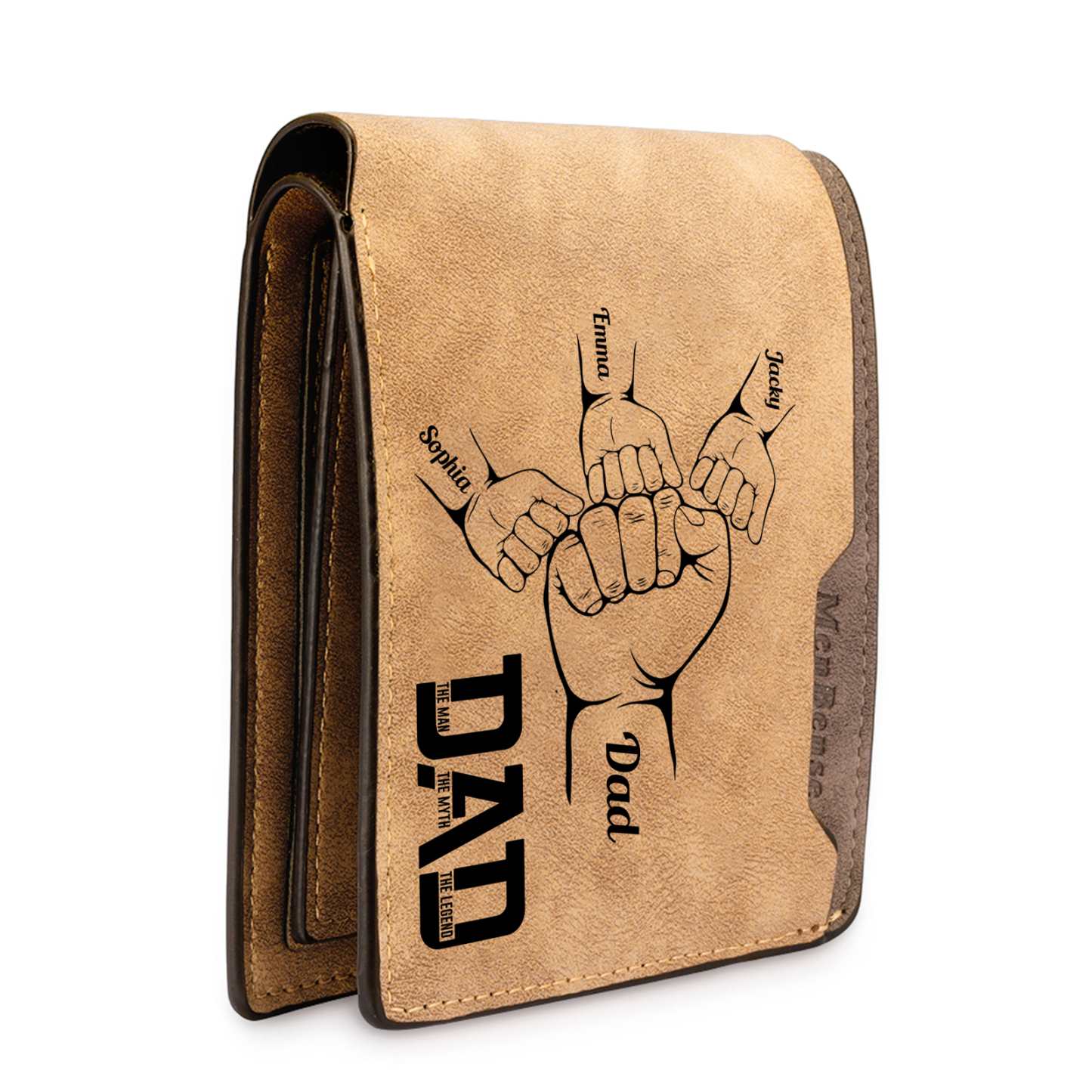 4 Names - Personalized Fist Bump Pattern Custom Name Leather Men's Wallet as a Father's Day Gift for Dad