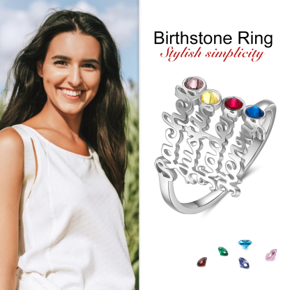 Personalized Birthstone Ring Custom 4 Names Ring Best Gift For Women