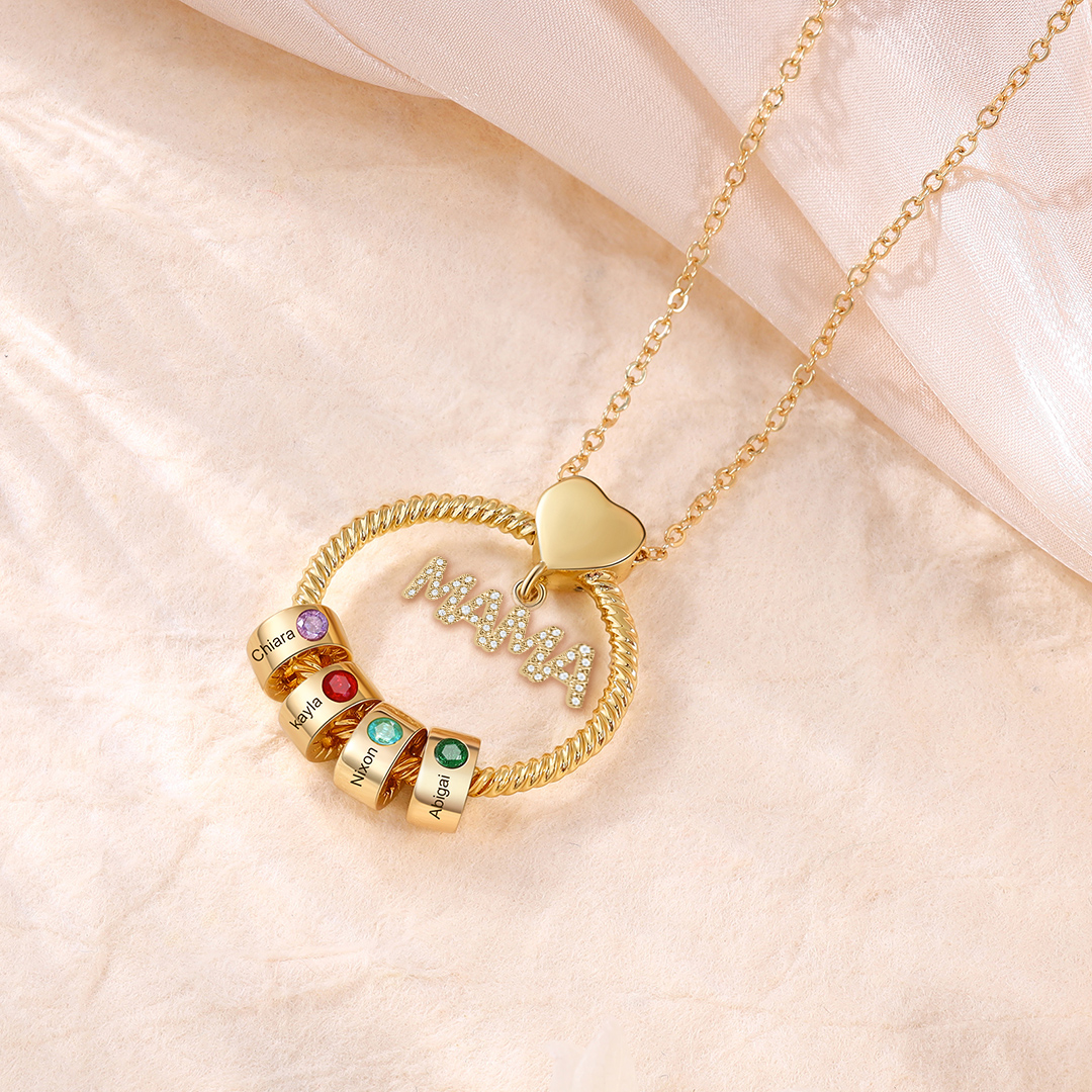4 Names-Personalized Mom Necklace Set With  Premium Custom Necklace With 4 Birthstones Engraved Names Gift For Mom