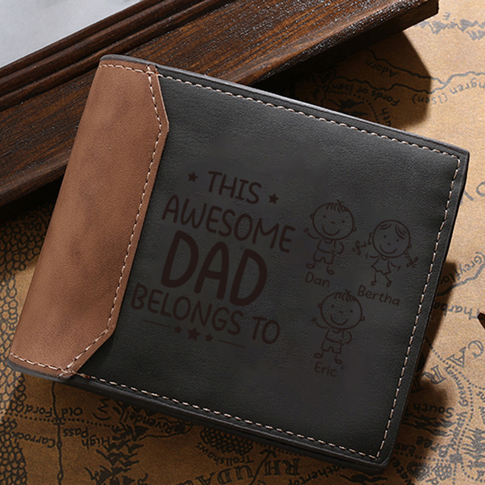 3 Names-Personalized Doll Customized Leather Men's Wallet Customized Name Folding Grey Wallet for Dad