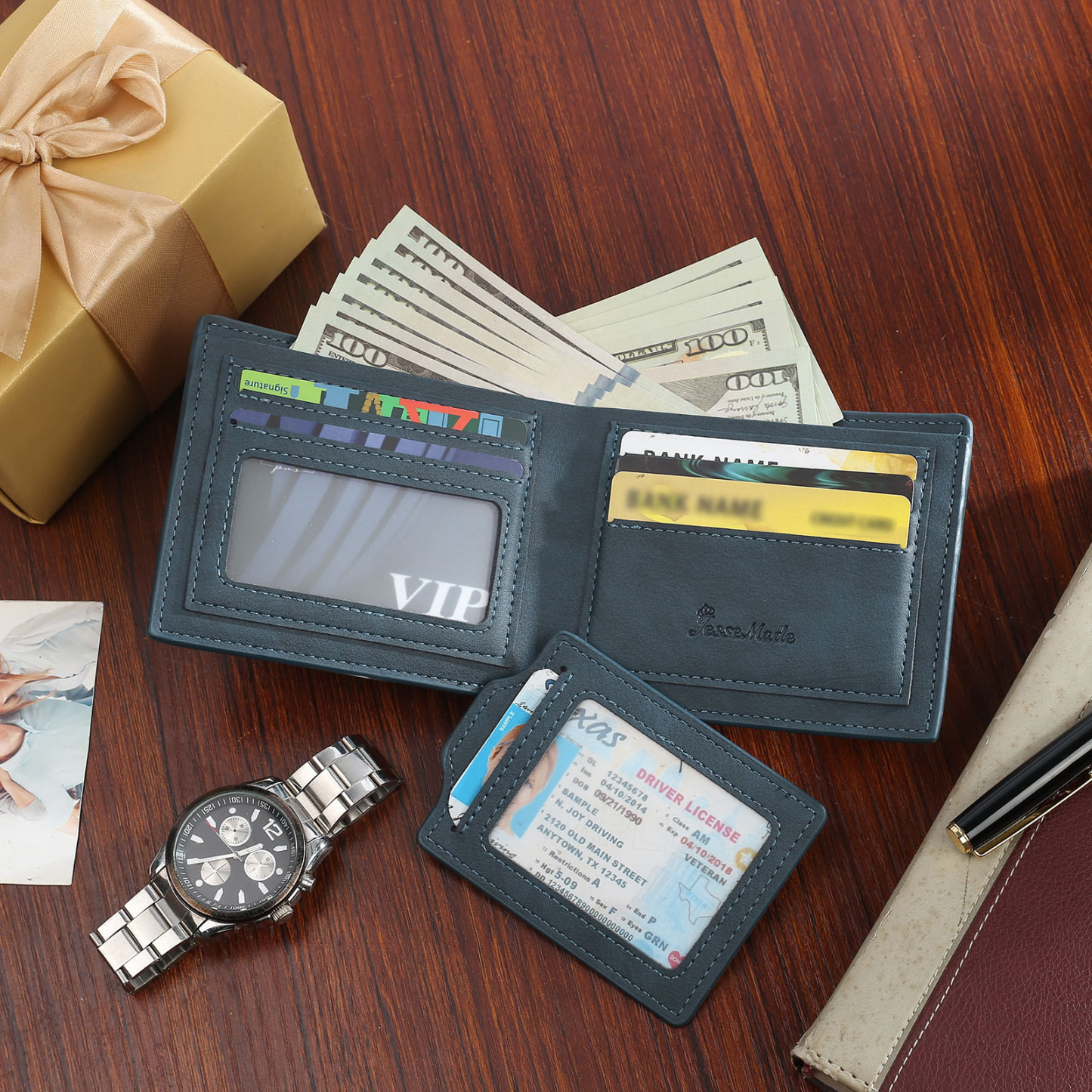 Personalized Name Leather Men's Wallet With Card Slot Engraved Letter And Photo Gift For Him