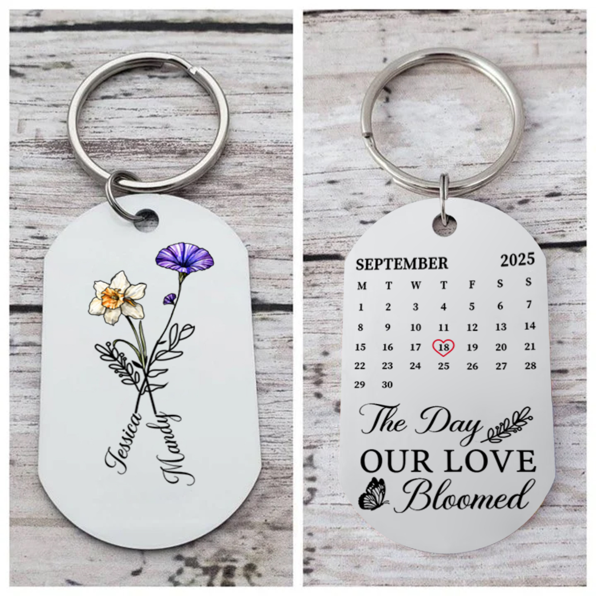 Personalized Keychain with Floral Calendar — The Day Our Love Blossomed