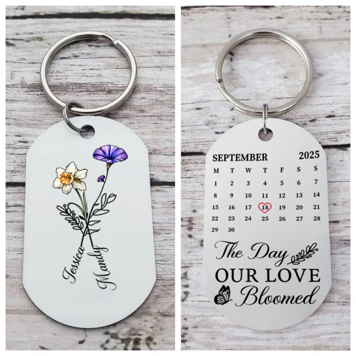 Personalized calendar keychain, stainless steel, engraved with the date and names — a birthday, wedding, or Valentine’s Day gift for couples | Jessemade
