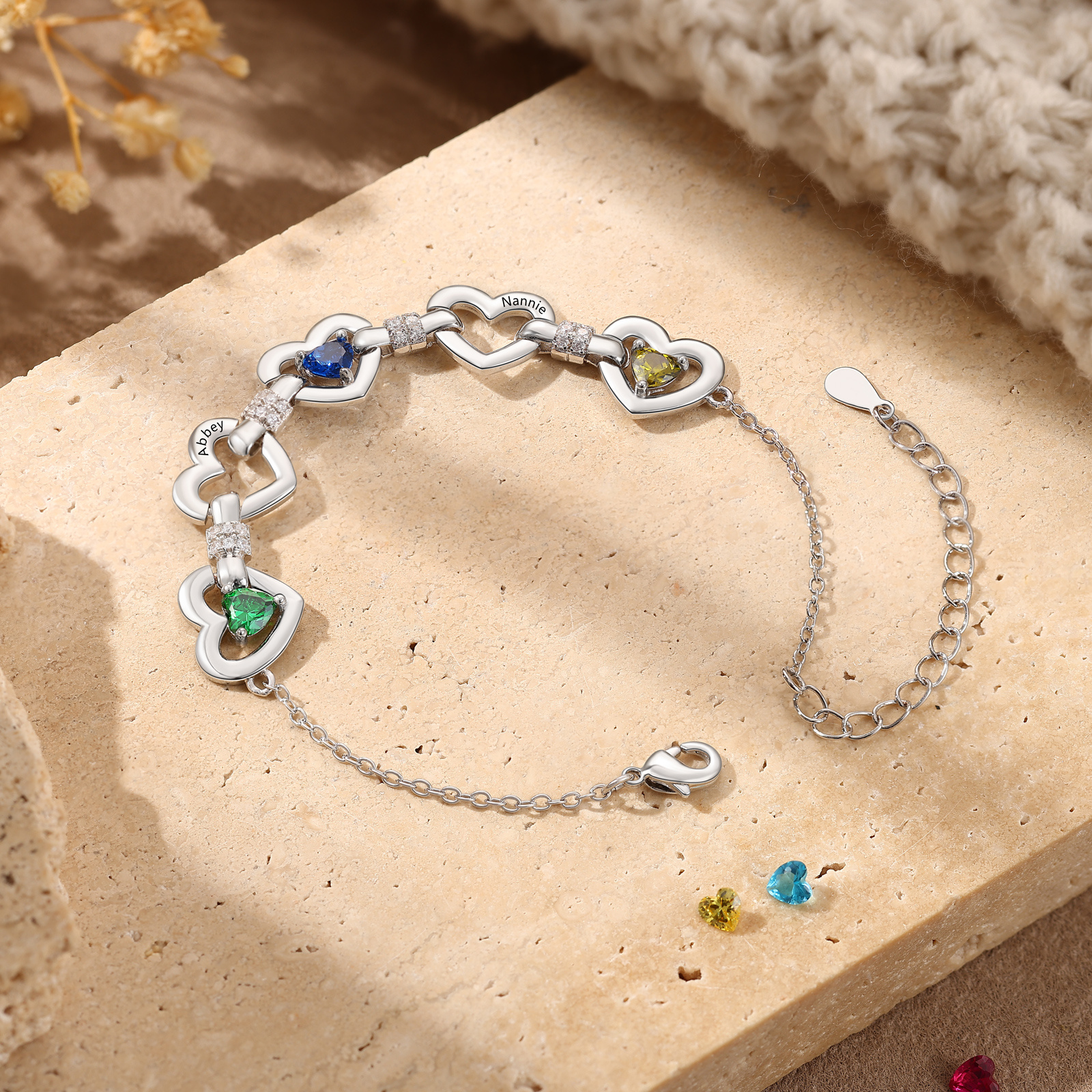 Personalized Linked Hearts Birthstone Bracelet with 1–4 Engraved Names
