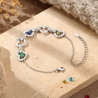 Personalized Linked Hearts Birthstone Bracelet with 1–4 Engraved Names