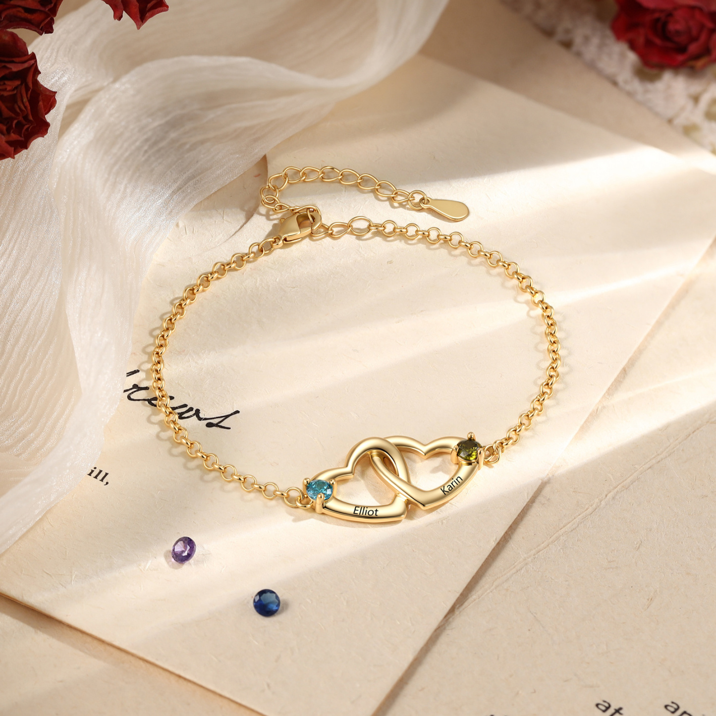 Personalized Heart Bracelet Custom With 2 Names 2 Birthstones Gift For Her
