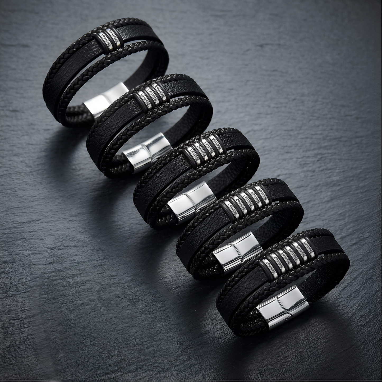 Personalized Braided Leather Bracelet for Men Custom with 2–6 Names Engraved