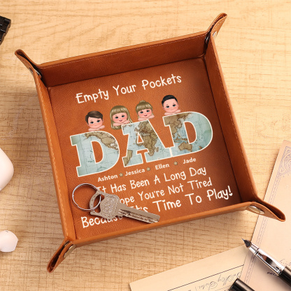 Personalized PU Leather Valet Tray Custom with 1–6 Names and Kids for Dad Father’s Day Gift