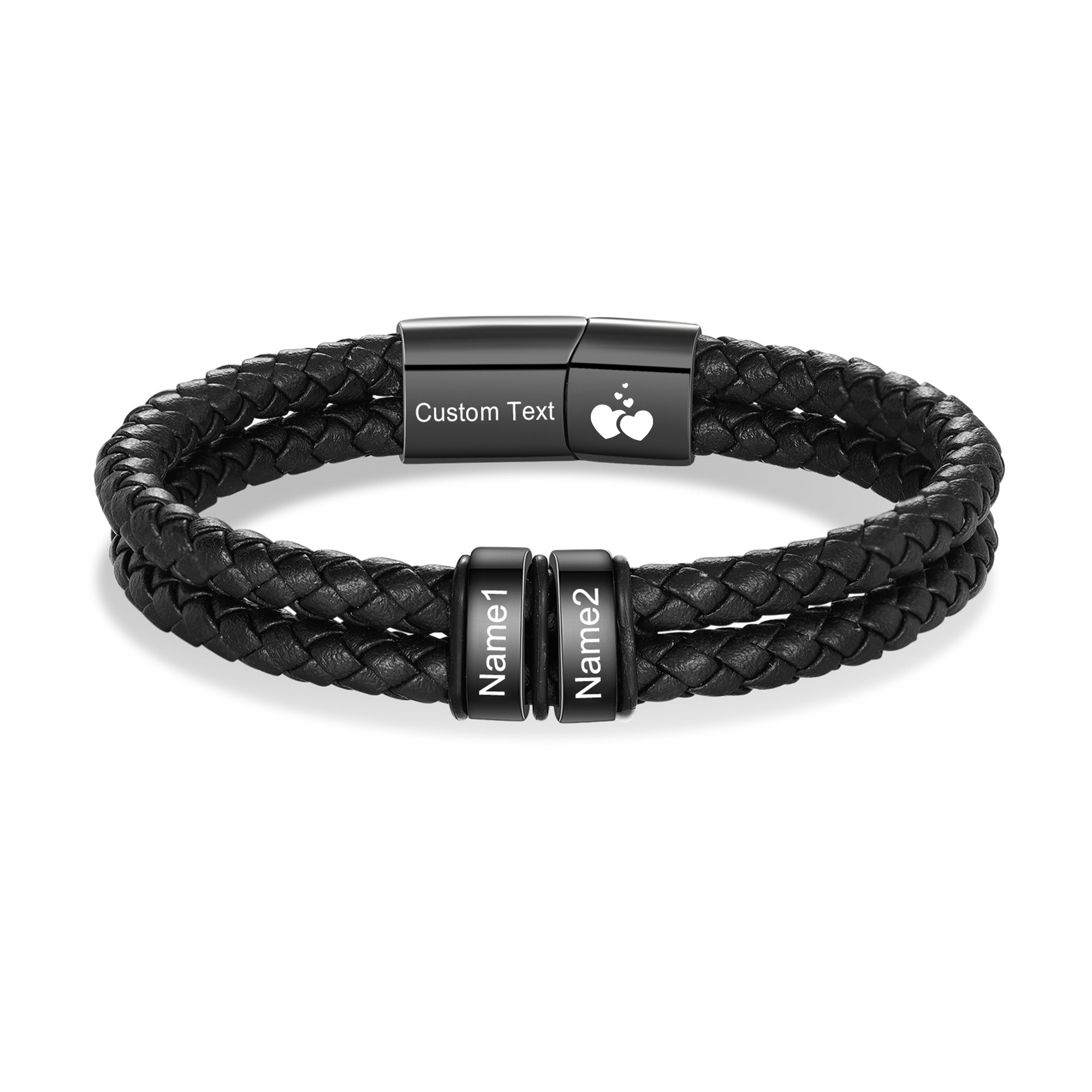 Personalized Black Braided Leather Bracelet Custom With 2-6 Names For Men