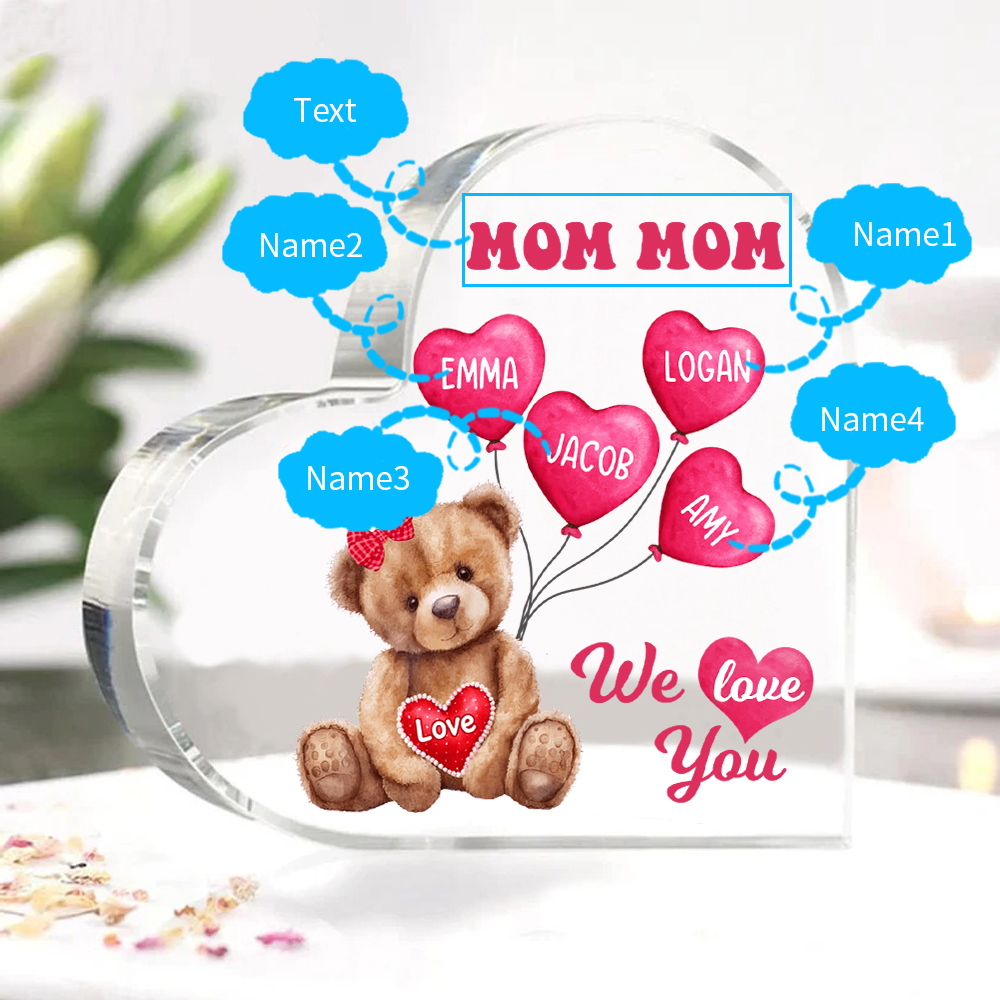 4 Names-Personalized Bear Acrylic Heart Keepsake Custom Text Acrylic Plaque Ornaments Gifts for Mom