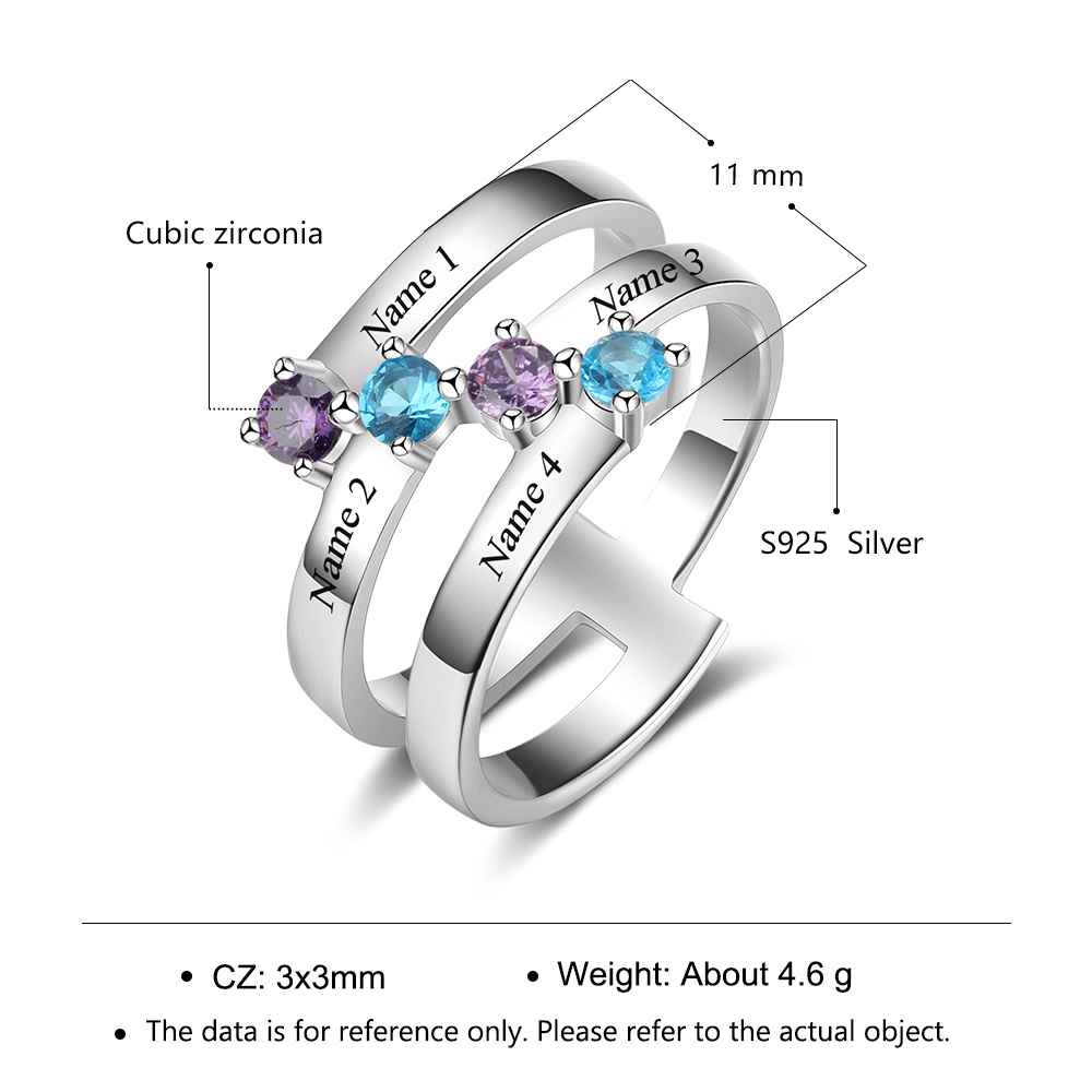 S925 Silver Ring Personalized 4 Birthstones Mothers Ring With Names Gifts For Her
