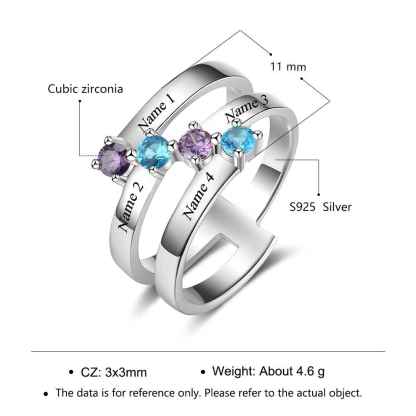 S925 Silver Ring Personalized 4 Birthstones Mothers Ring With Names Gifts For Her