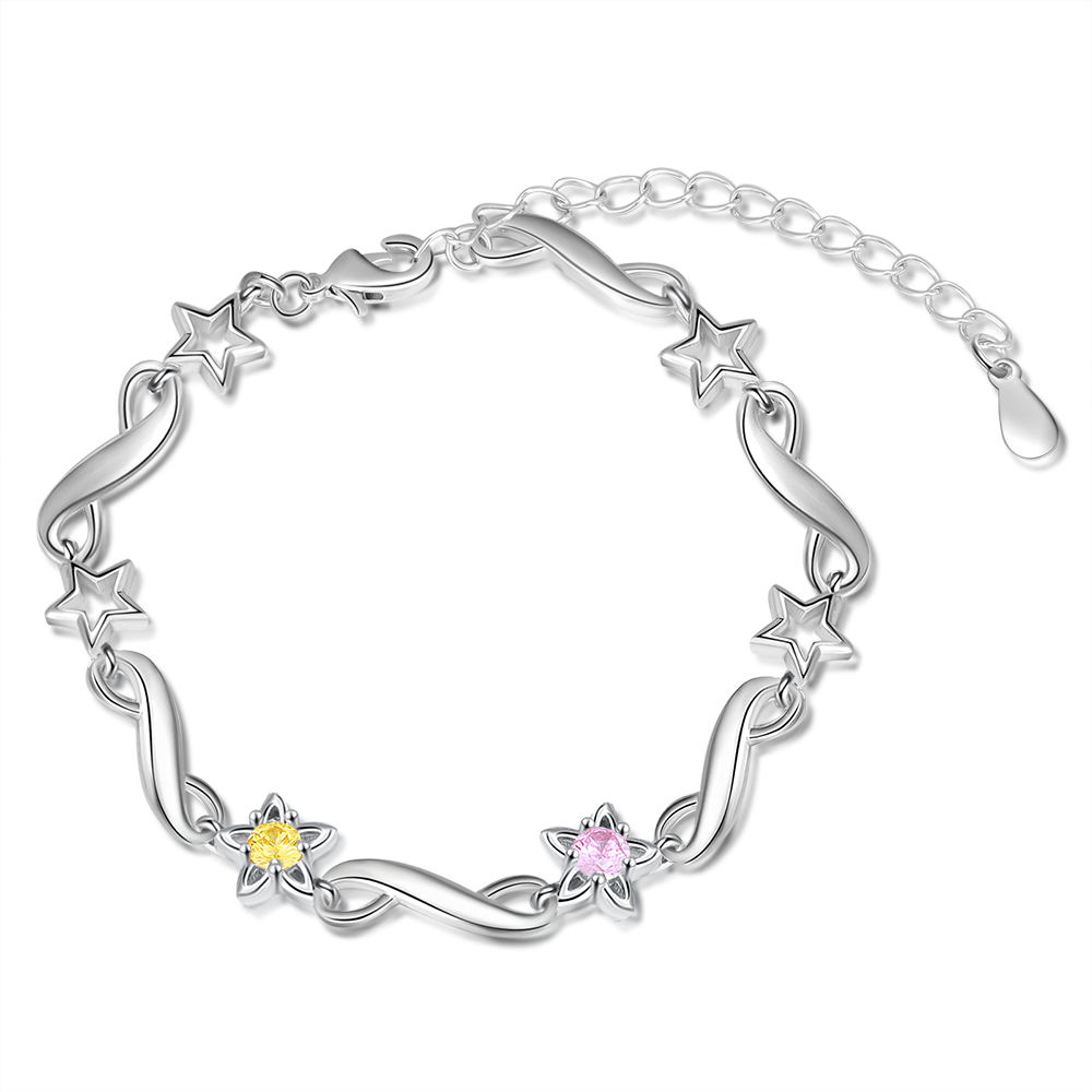 Personalized Star Bracelet With 2 Birthstones Engraved Names Bracelet Gift For Women