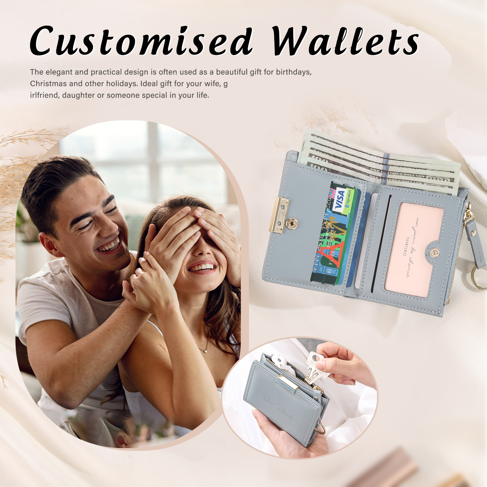 Personalized Photo And Text Pu Leather Zipper Wallet Coin Purse Three Colors Optional Gift For Women