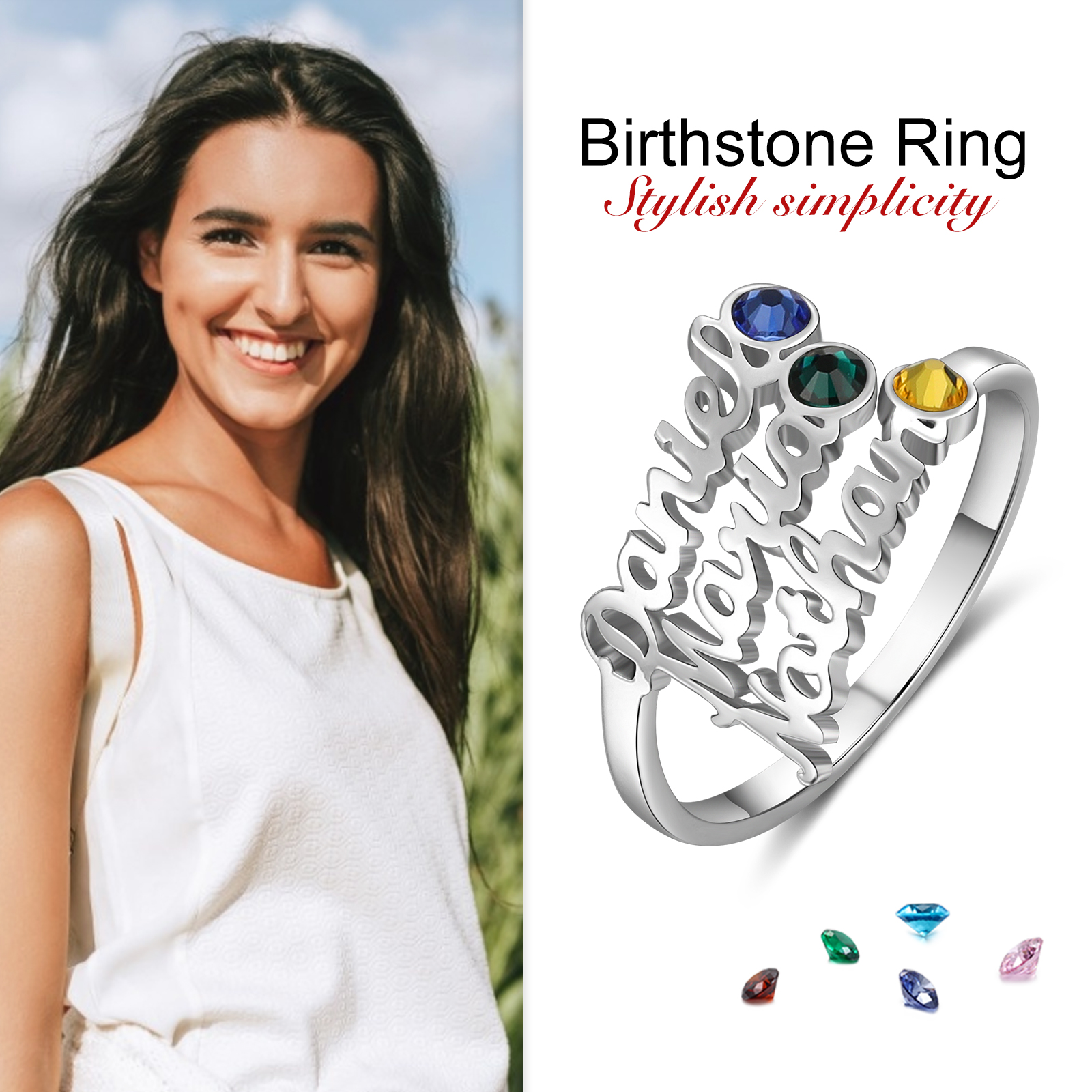 Personalized Birthstone Ring Custom 3 Names Ring Best Gift For Women