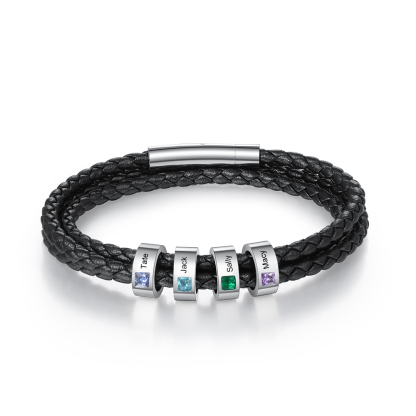 Personalized 3 Layer Leather Bracelet with 4 Beads Engraved Names Men's Bracelets for Him