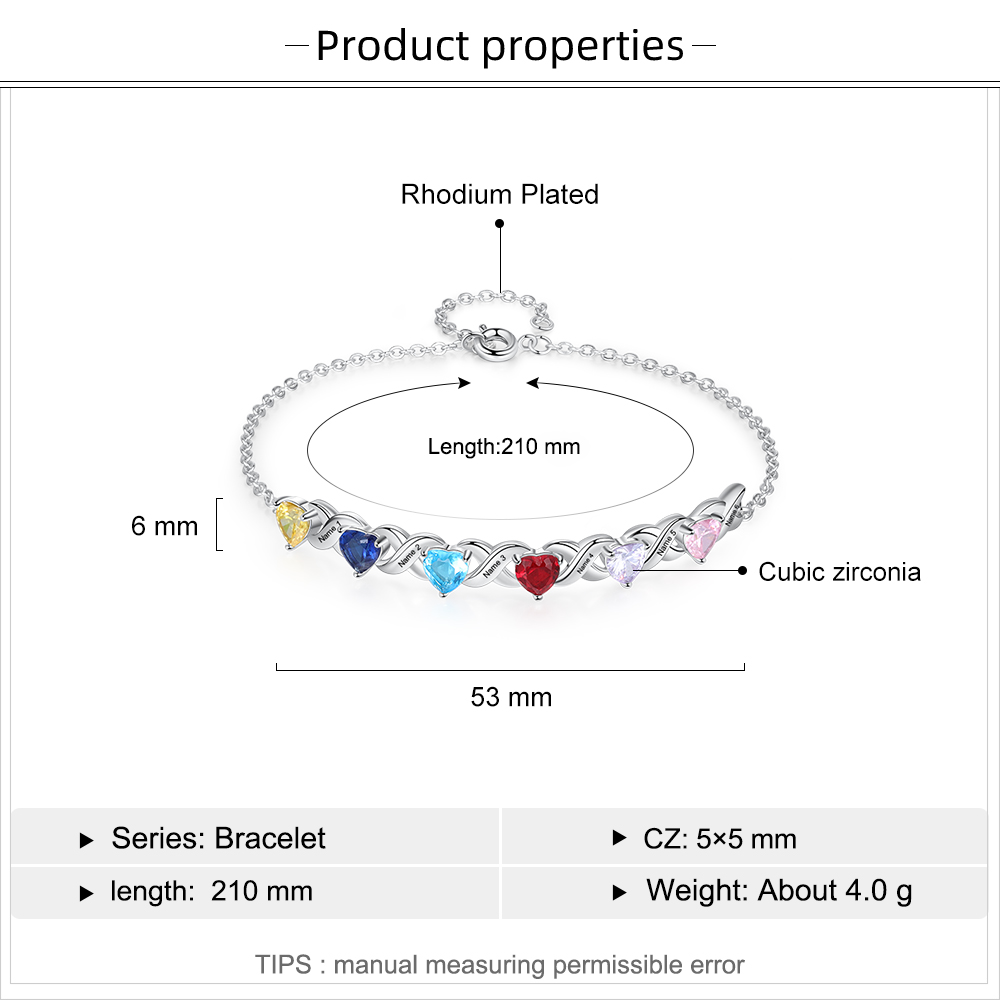 Personalized Heart Bracelet Customized With 6 Names and 6 Birthstones Family Bracelet Gift for Grandma | Jessmade