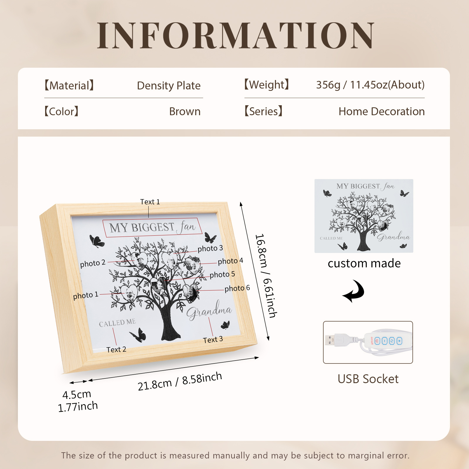 6 Photos-Personalized Family Color Or Black And White Frame Custom 6 Photos And Text LED Night Light