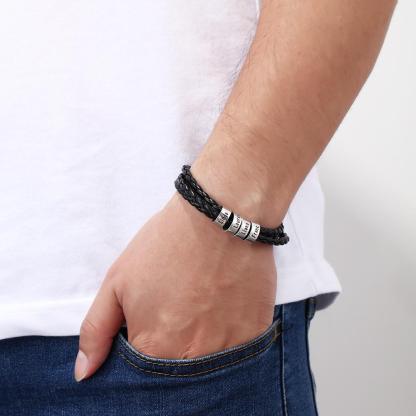 Mens Leather Braided Bracelet With 4 Custom Beads Engarved 4 Names Personalized Bracelet Black