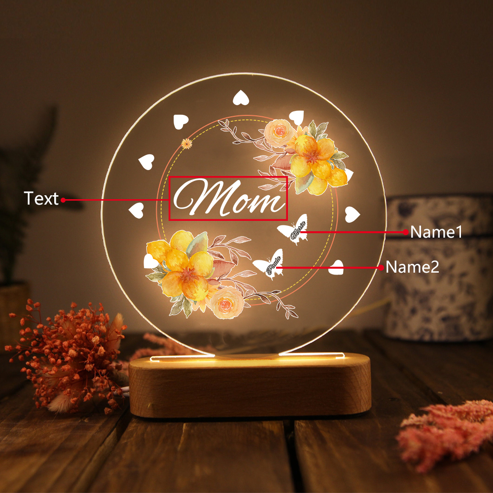 2 Name-Personalized Home Night Light Customized Family Member Names with LED Lighting Bedroom Decor for Mom