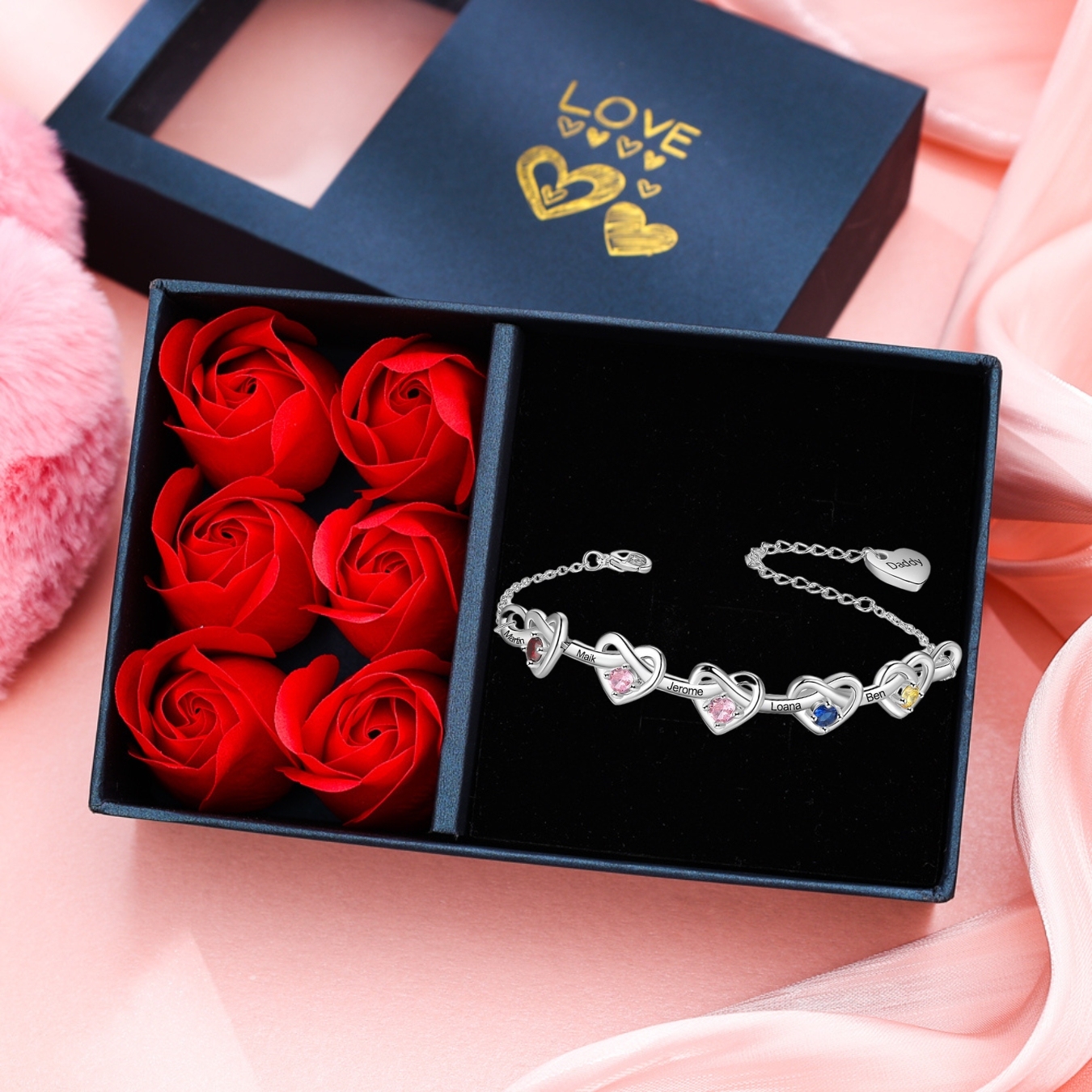 2-8 Names-Personalized Linked Heart Bracelet With 3 Birthstones Engraved Names And Text Bangle For Her | Jessemade