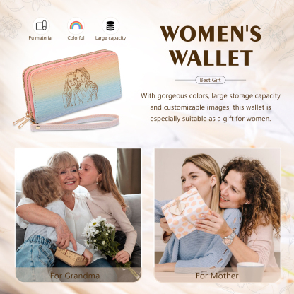 Women's Personalized Photo PU Leather Rainbow Long Zipper Wallet for Her | Jessemade