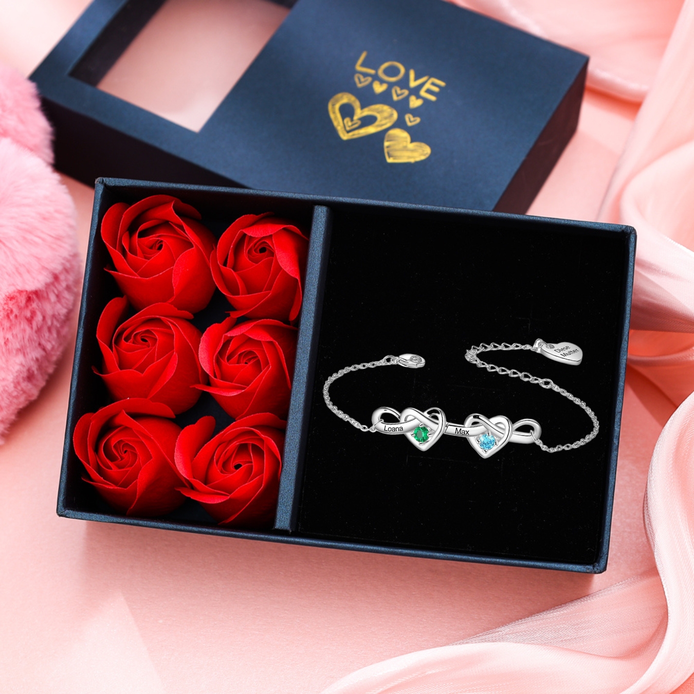 2-8 Names-Personalized Linked Heart Bracelet With 3 Birthstones Engraved Names And Text Bangle For Her | Jessemade