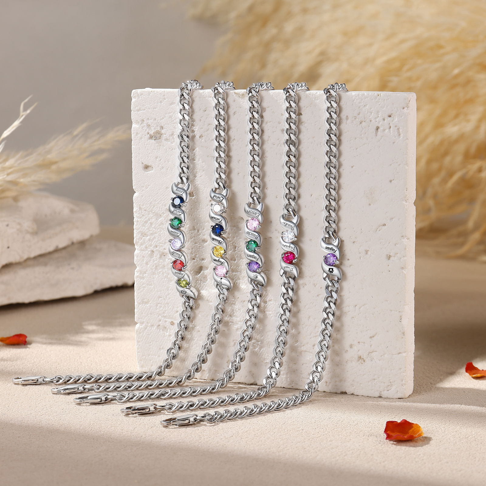 Personalized Cuban Link Bracelet Custom with 1–5 Names and Birthstones
