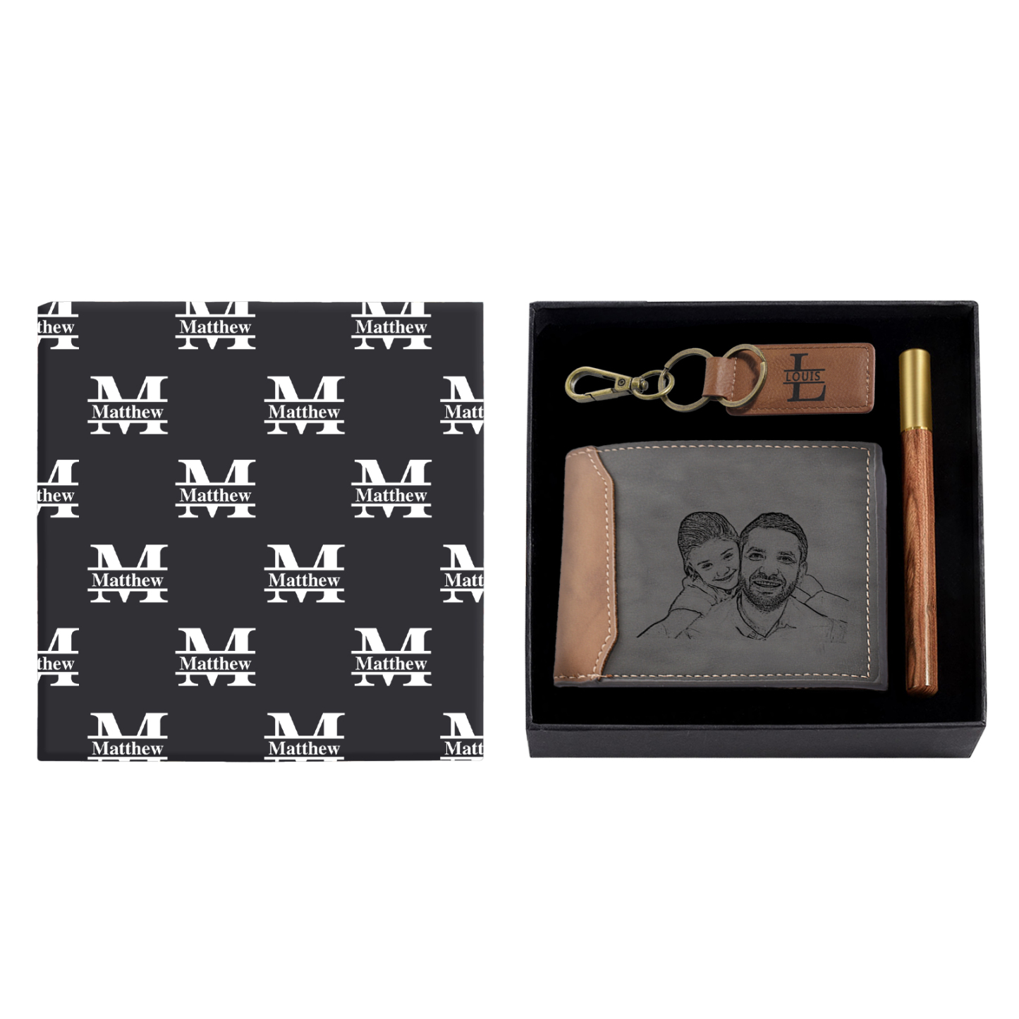 Personalized Leather Wallet Gift Box Set with Letter Name Keychain Customizable Photo and Text Wallet Gift for Him