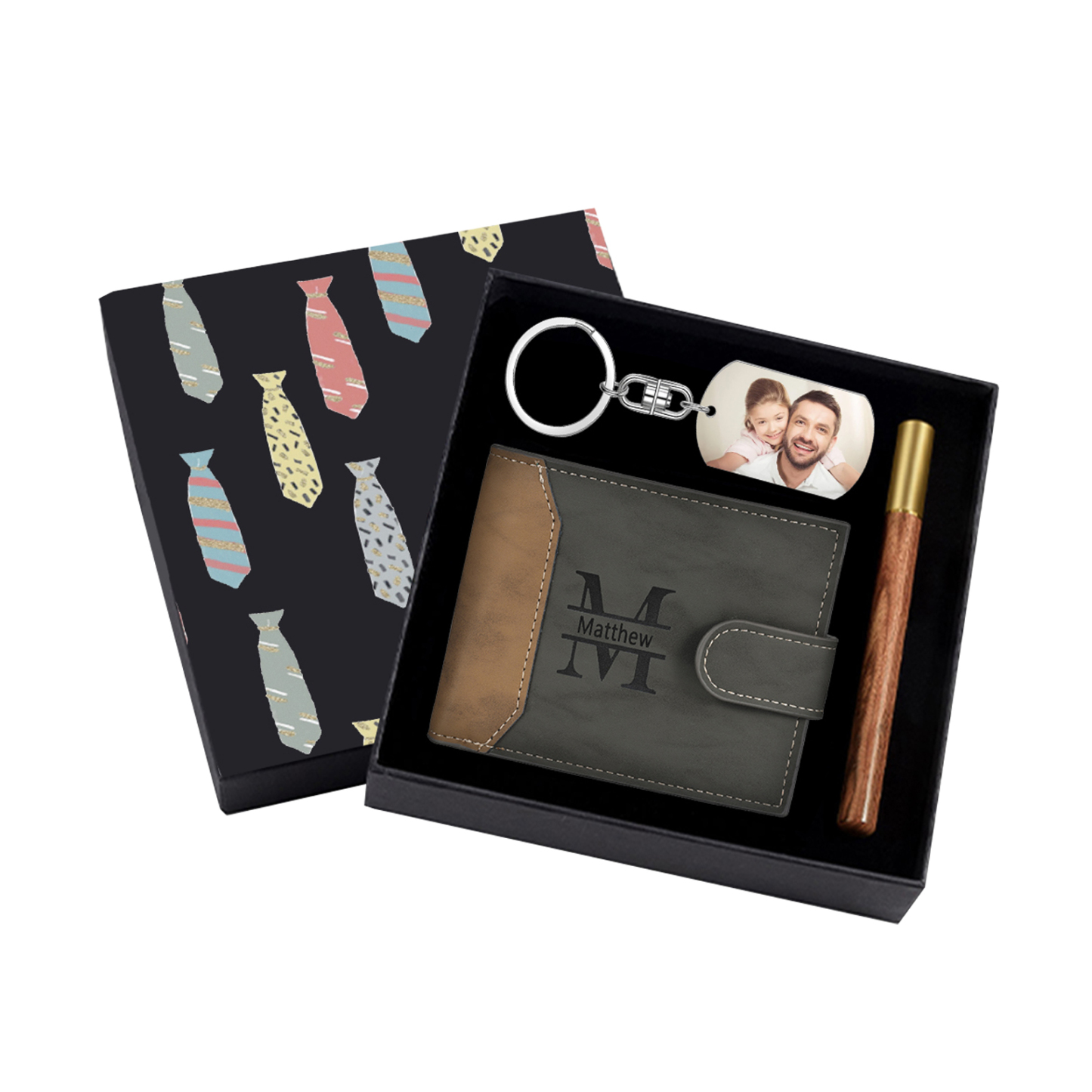 Personalized Leather Wallet Gift Box Set with Keychain Customizable Photo Letter and Name Wallet Gift for Dad