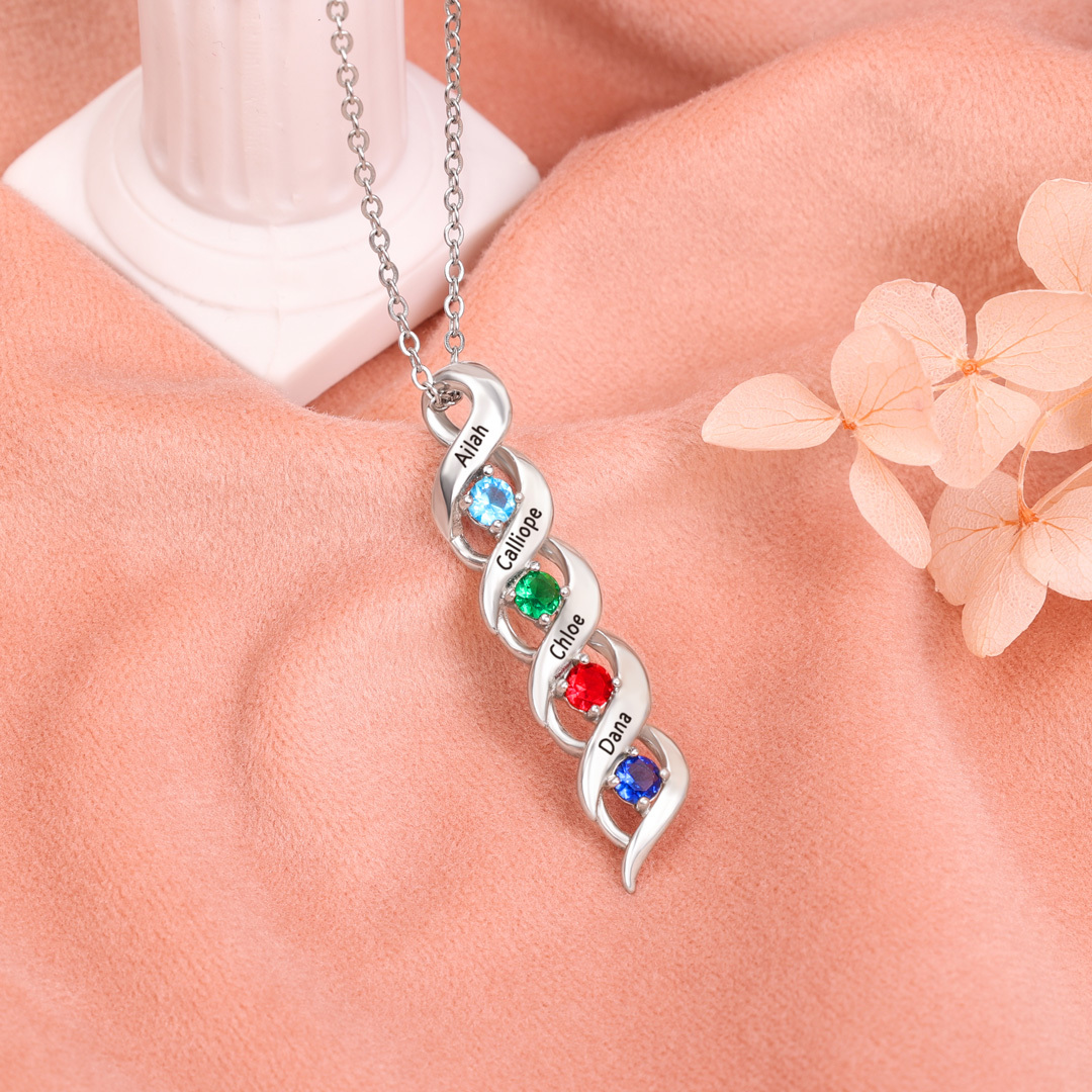 3 Names-Personalized Birthstones Necklace Set With Rose Gift Box-Custom Cascading Pendant Necklace Engraving 3 Names Gifts for Her