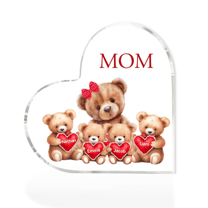 4 Names-Personalized Mom Acrylic Heart Keepsake Custom Text Love Teddy Bear Ornaments Gifts Set With Gift Box for Grandma/Mother