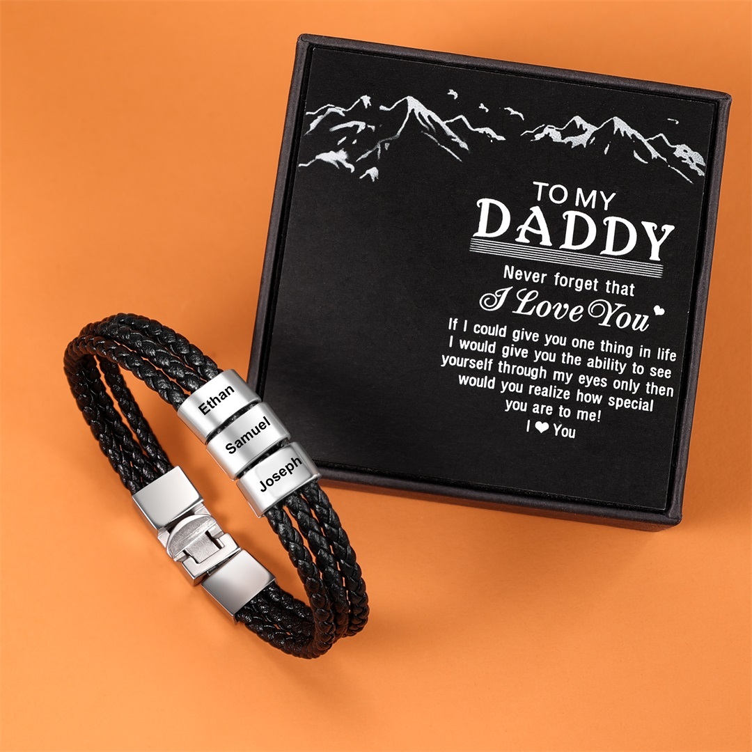 Personalized Braided Leather Bracelet Engraved 3 Names Men's Bracelet Gifts For Him