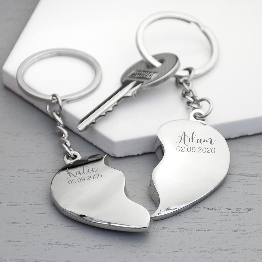 2-Names Personalized Heart Puzzle Couple Keychain Engrave Names And Date Matching Couple Gifts, Special Gift For Him