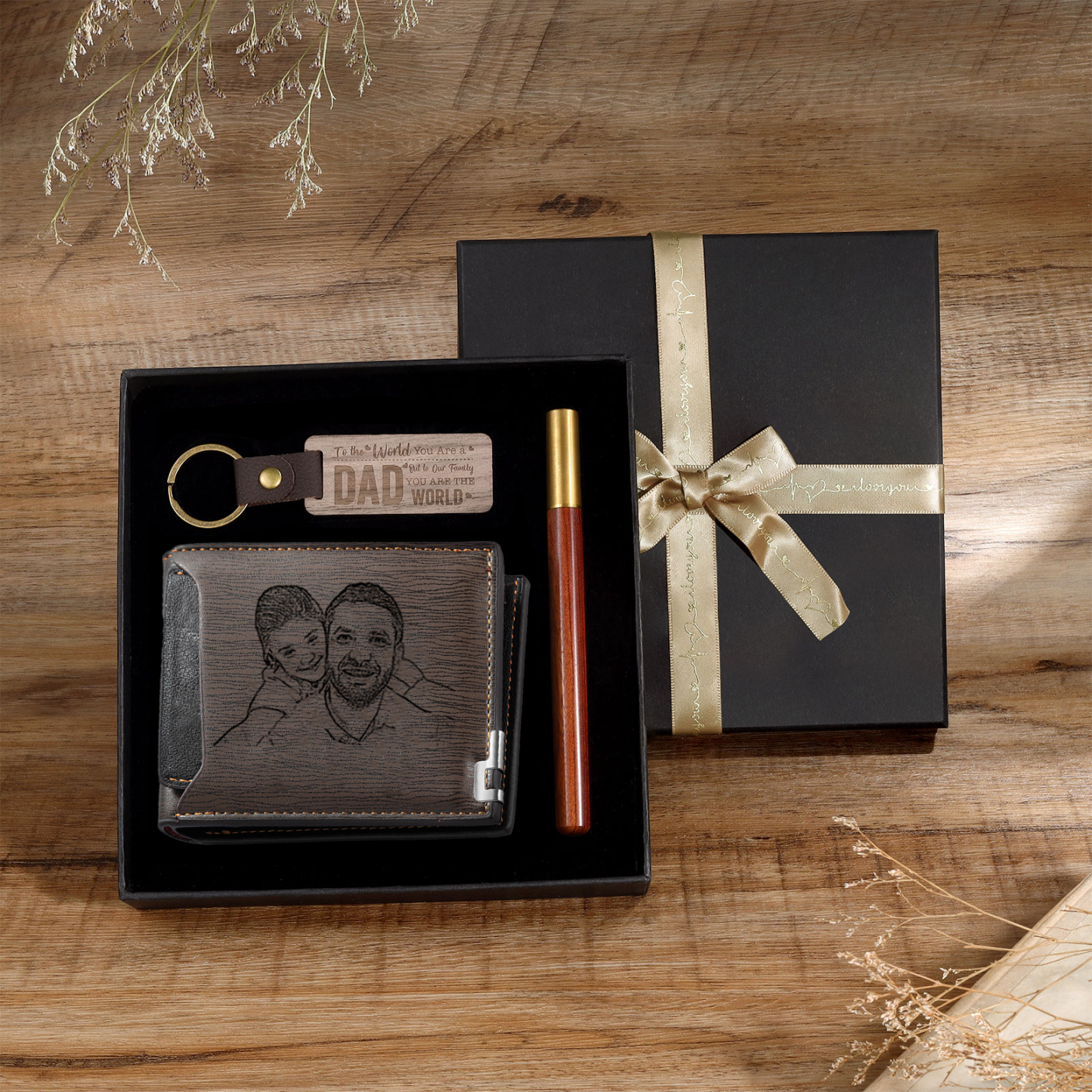 Photo Personalized Leather Wallet Gift Box Set with Keychain Customizable Letter Name Wallet Gift for Dad