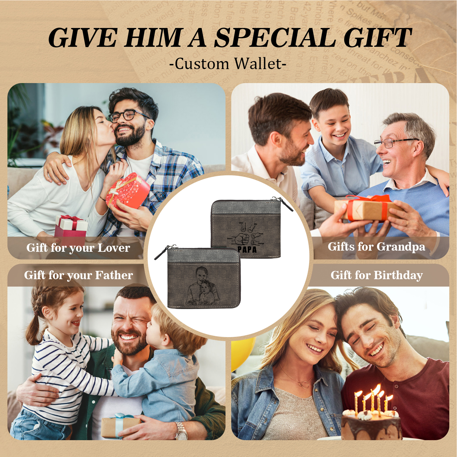 5-Names Personalized Leather Men's wallet With Card Slot Engraved With Name And Photo For Papa As a Father's Day Unique Gift