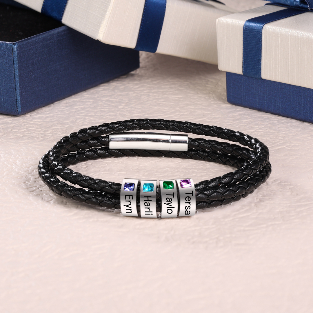 Personalized 3 Layer Leather Bracelet with 3 Beads Engraved Names Men's Bracelets for Him