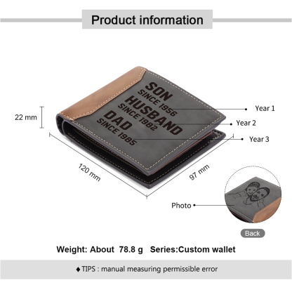 Personalized Photo Customized Leather Men's Wallet Customized with 3 Dates as Father's Day Gift for Dad