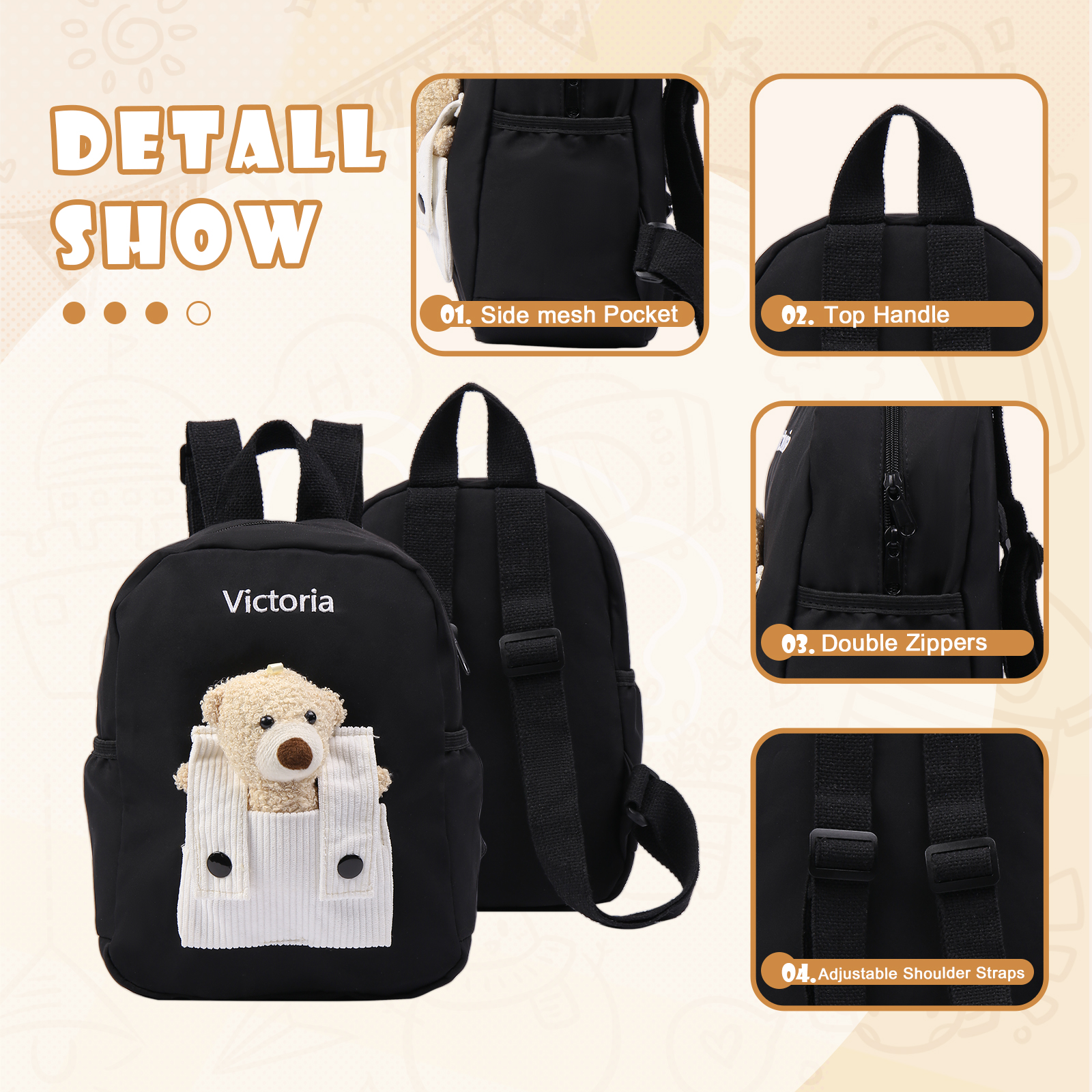 Personalized Bear Style School Bag Customized Name Canvas Kids Backpack Back to School Gift