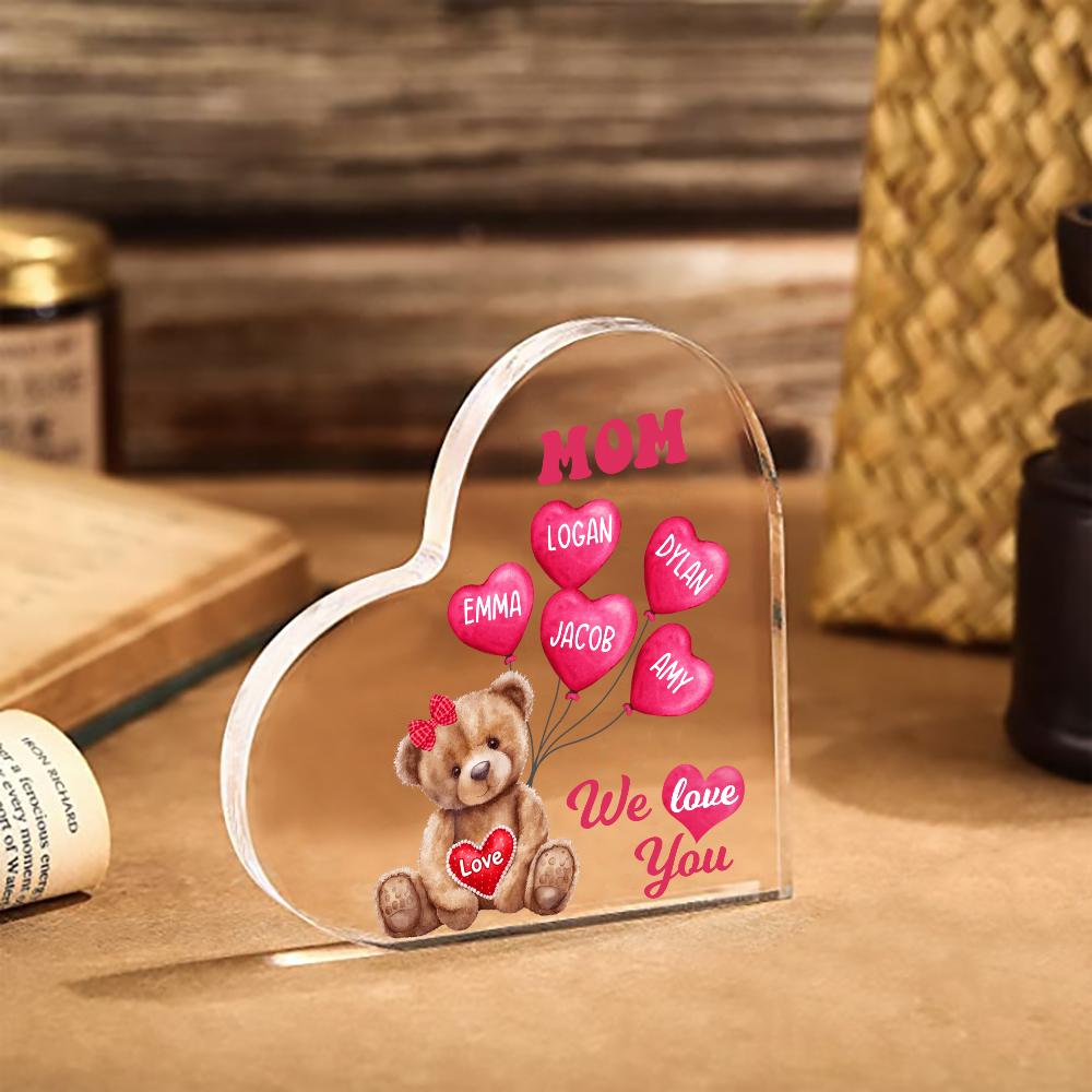 5 Names-Personalized Bear Acrylic Heart Keepsake Custom Text Acrylic Plaque Ornaments Gifts for Mom