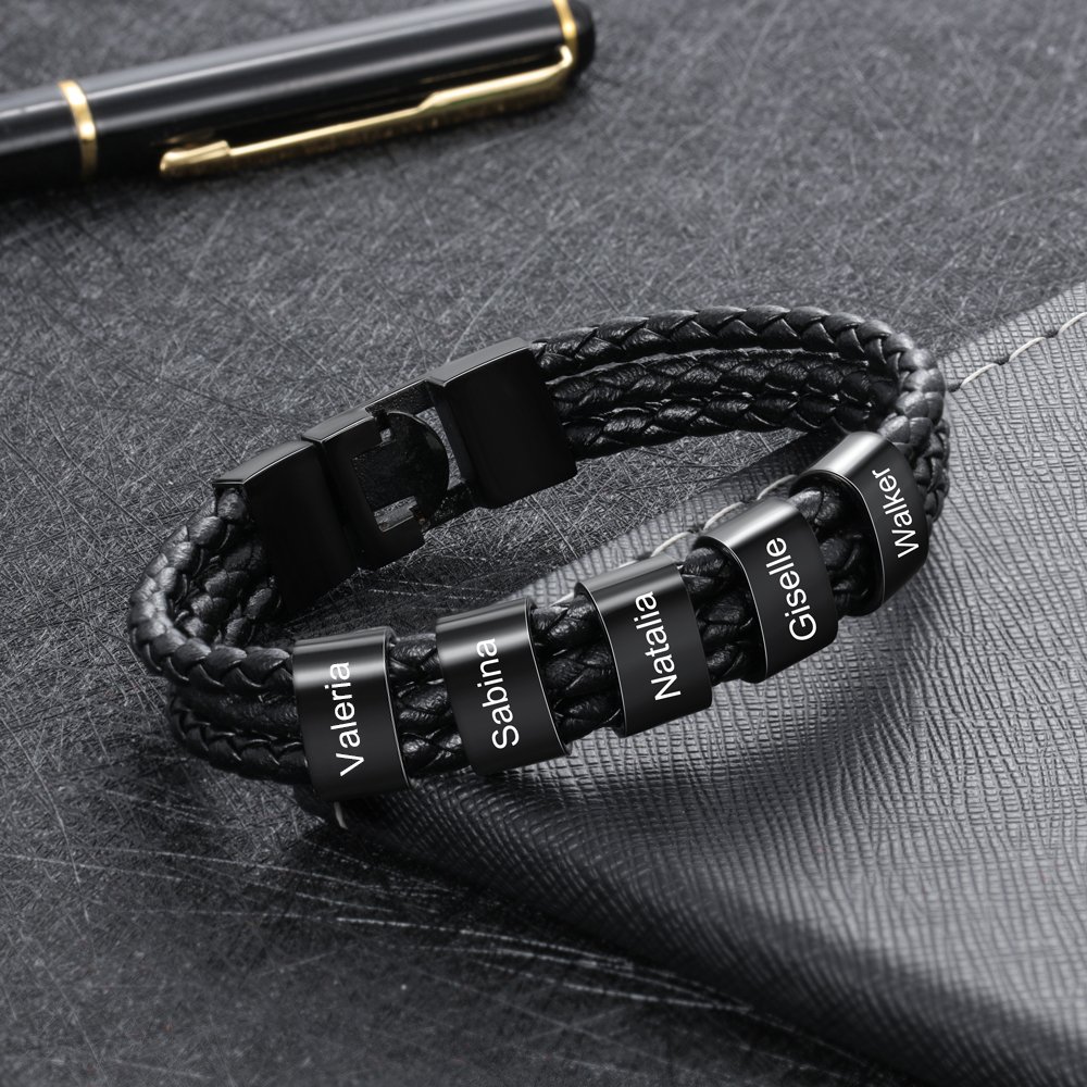 Personalized Braided Leather Bracelet Engraved 6 Names Men's Bracelet Gifts For Him