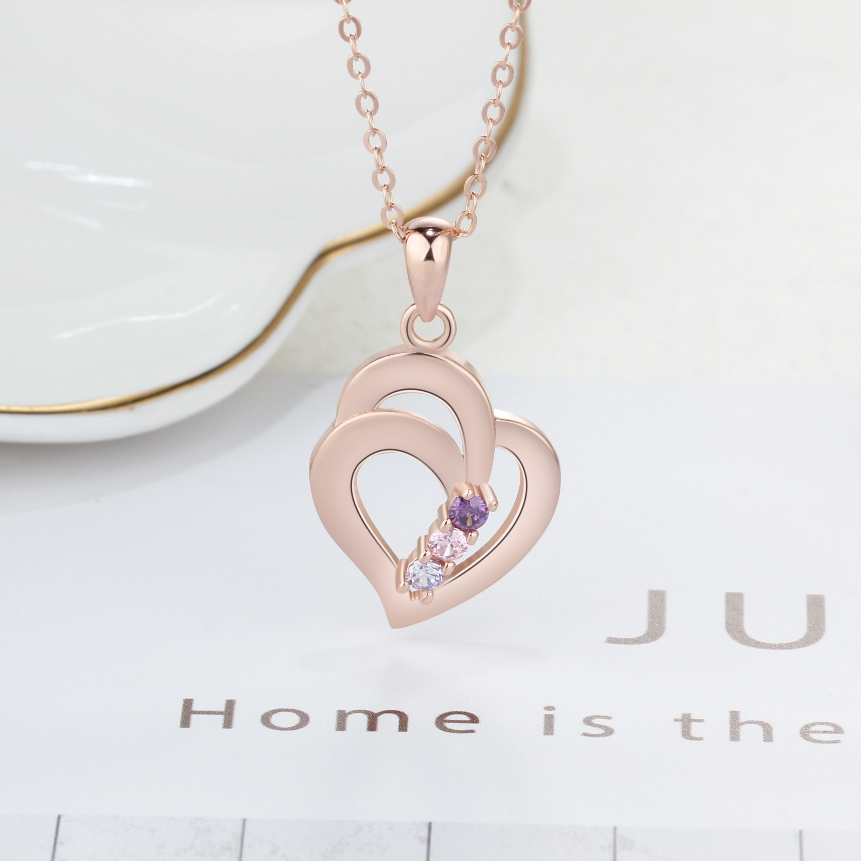 Personalized Heart S925 Necklace With 3 Birthstones Engraved Names Gift For Her