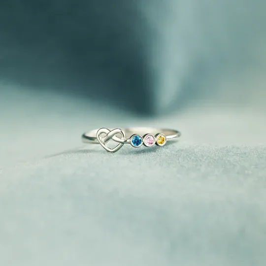 Family Ring Personalized 3 Birthstones Heart Knot Ring Band