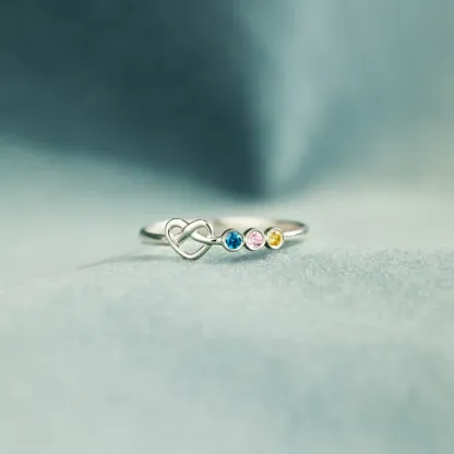 Family Ring Personalized 3 Birthstones Heart Knot Ring Band