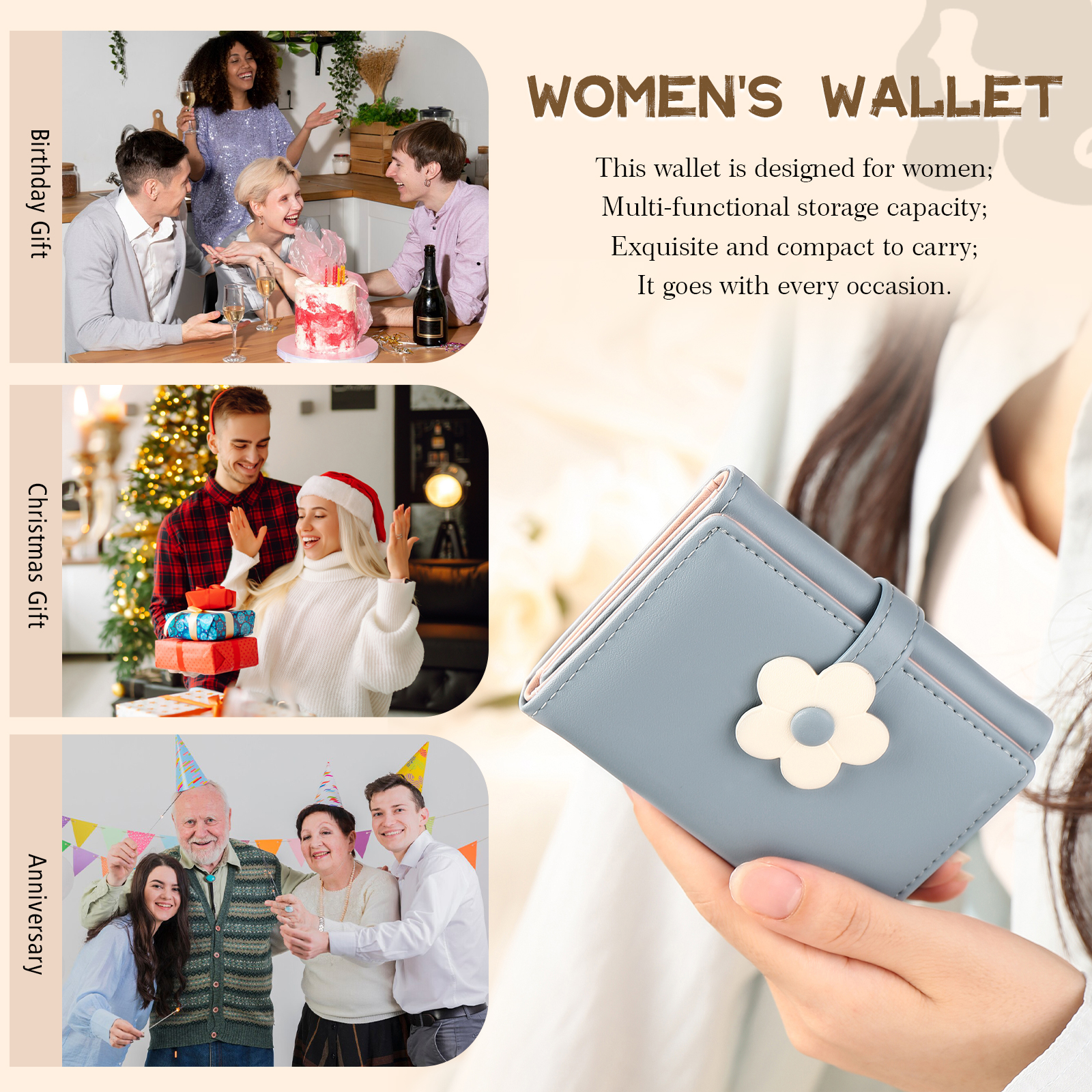 Women's Personalized Photo PU Leather Flower Wallet Coin Purse Four Colors Available Gift for Her