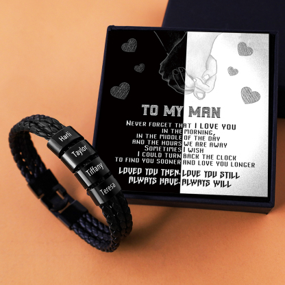Personalized Braided Leather Bracelet Engraved 4 Names Men's Bracelet Gifts For Him