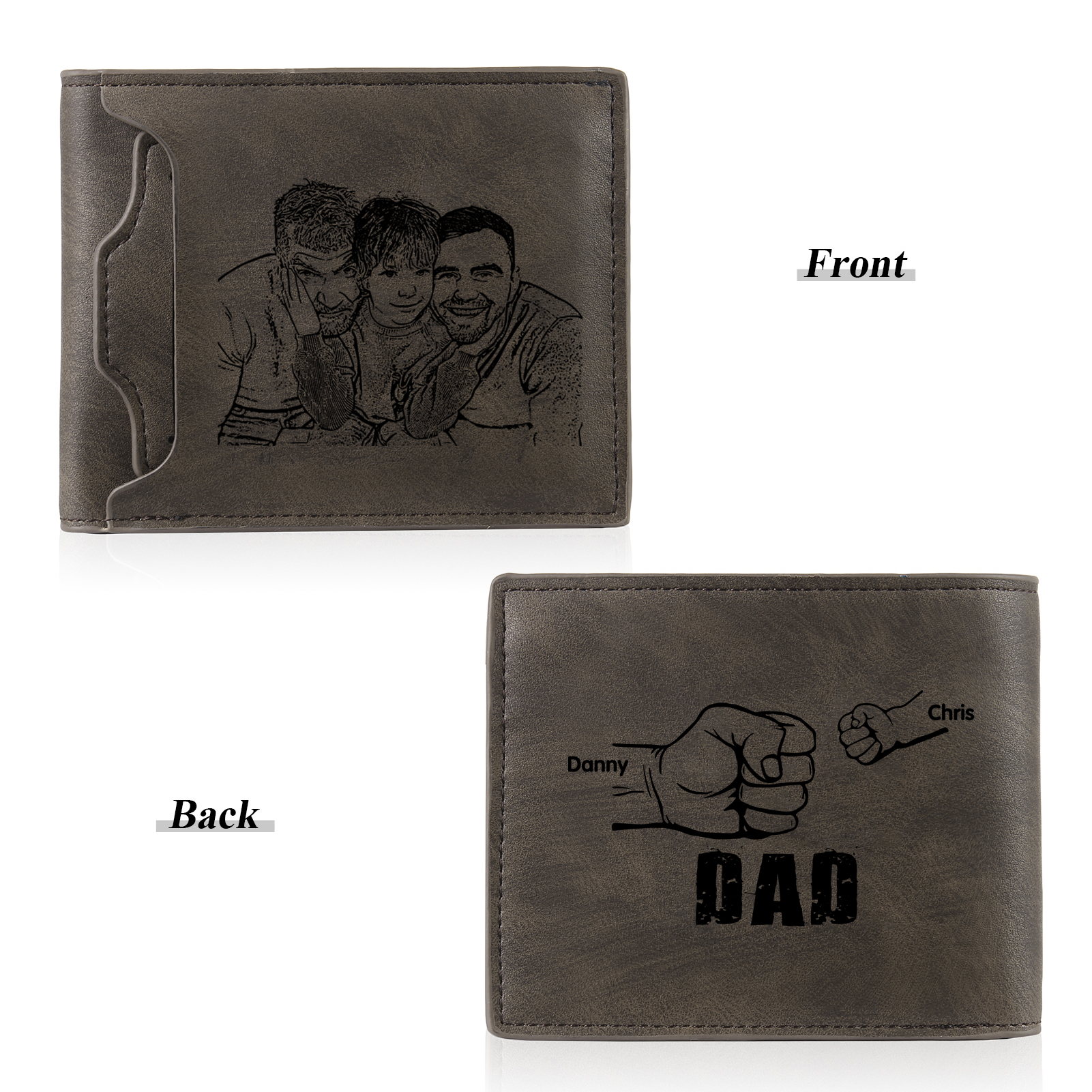 2 Names - Personalized Photo Custom Leather Men's Folding Wallet as a Father's Day Gift for Dad