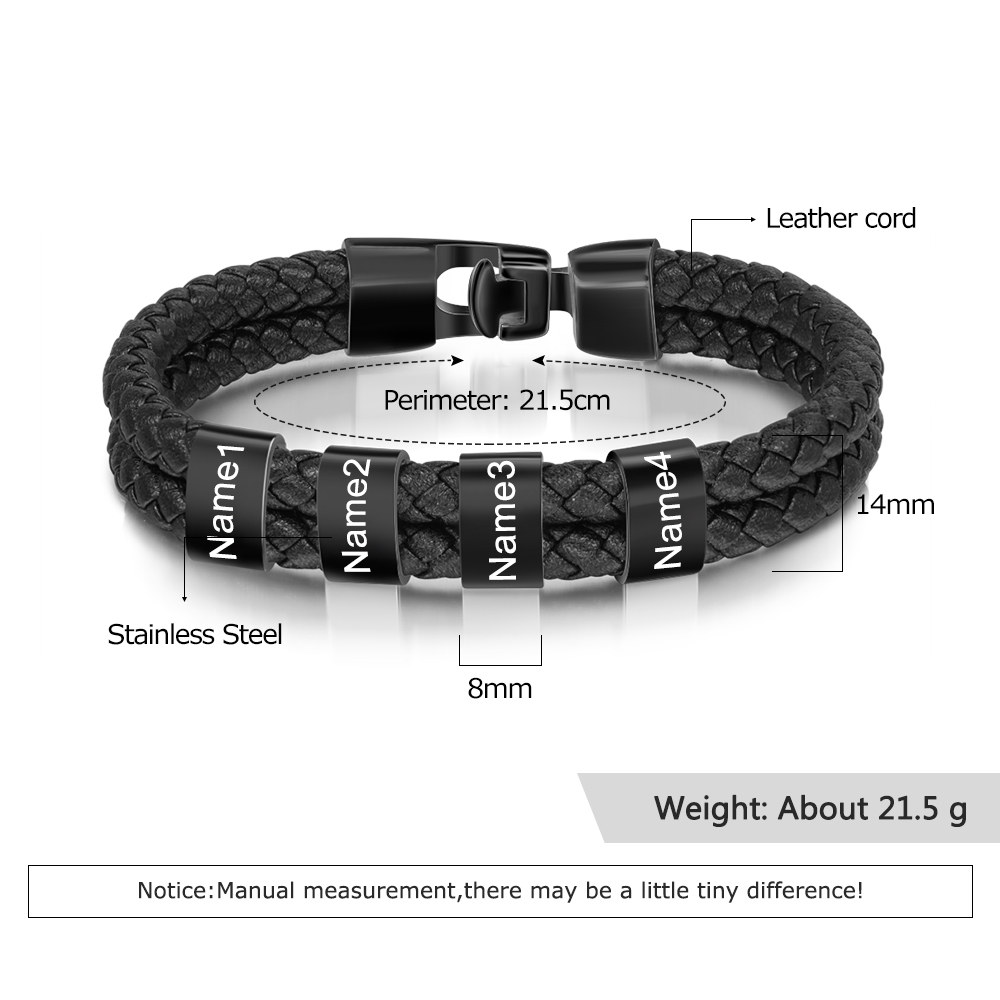 Personalized Braided Leather Bracelet Engraved 4 Names Men's Bracelet for Him