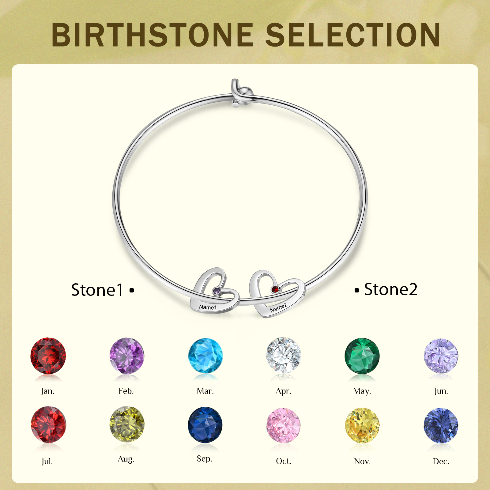 2 Names-Personalized Heart Bangle With 2 Names and Birthstones Bangle Bracelet Gifts For women