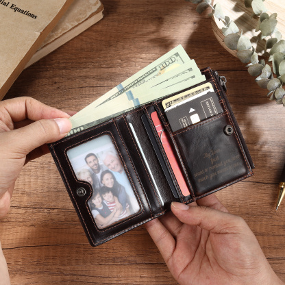 Personalized Leather RFID Bifold Wallet with Zipper for Men